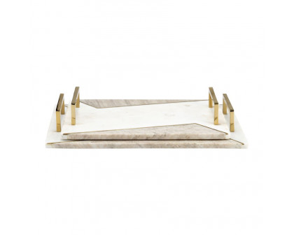 Sagebrook - 15"/18" Marble 2-tone Trays With Handle (Set Of 2) in White