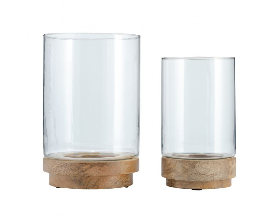 Sagebrook 9"/11" Hurricane Candle Holders On Wood Base (Set Of 2)