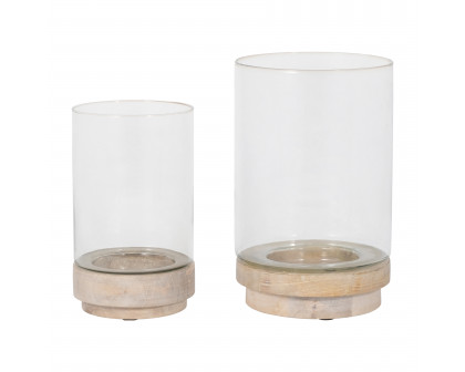 Sagebrook 9"/11" Hurricane Candle Holders On Wood Base (Set Of 2)