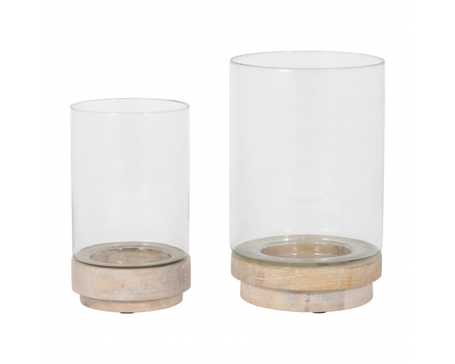 Sagebrook 9"/11" Hurricane Candle Holders On Wood Base (Set Of 2) - White