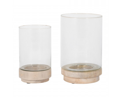 Sagebrook 9"/11" Hurricane Candle Holders On Wood Base (Set Of 2) - White