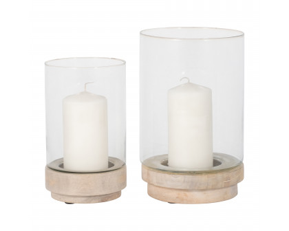 Sagebrook 9"/11" Hurricane Candle Holders On Wood Base (Set Of 2) - White