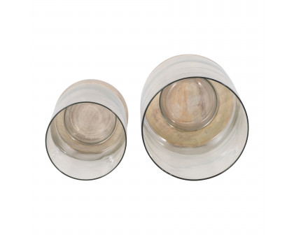 Sagebrook 9"/11" Hurricane Candle Holders On Wood Base (Set Of 2) - White