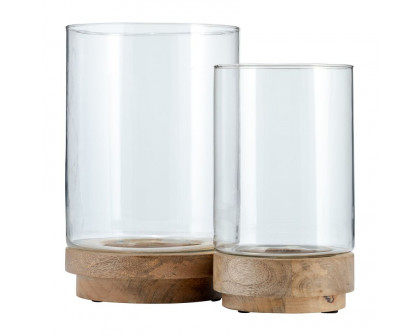 Sagebrook 9"/11" Hurricane Candle Holders On Wood Base (Set Of 2)