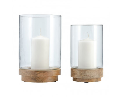 Sagebrook 9"/11" Hurricane Candle Holders On Wood Base (Set Of 2) - Natural