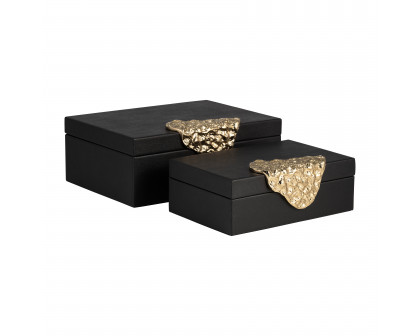 Sagebrook - 11" Leather Box with Antique Grain (Set Of 2) in Black/Gold