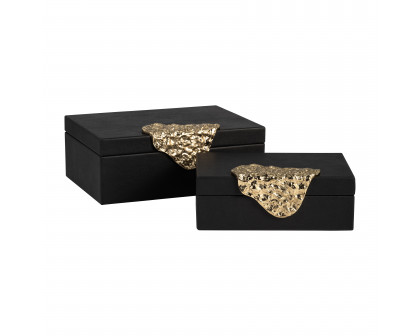 Sagebrook - 11" Leather Box with Antique Grain (Set Of 2) in Black/Gold