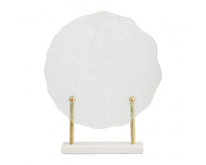 Sagebrook - 21" Metal Speckled Glass Disc On Marble Stand in White