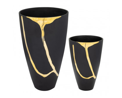 Sagebrook - 9"/14" Metal Cracked Design Vases (Set Of 2) in Brass/Champagne