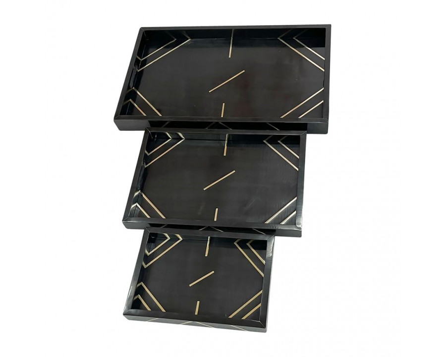 Sagebrook - 13"/18"/24" Resin Brass Inlay Rectangle Tray (Set Of 3) in Black