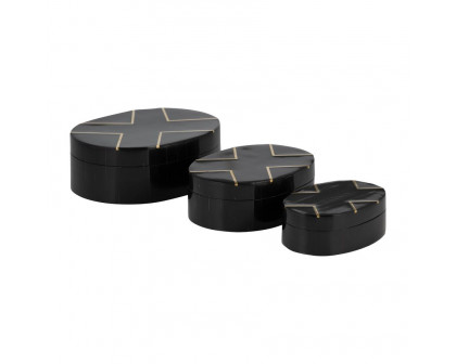 Sagebrook - 6"/7"/9" Resin Brass Inlay Oval Boxes (Set Of 3) in Black/White