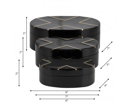 Sagebrook - 6"/7"/9" Resin Brass Inlay Oval Boxes (Set Of 3) in Black/White