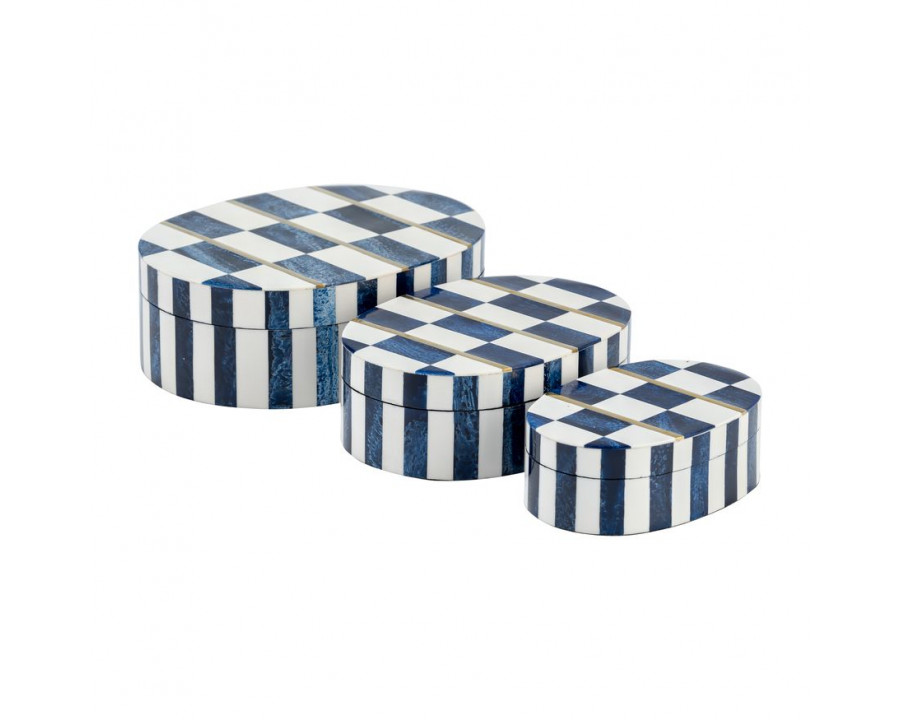 Sagebrook - 6"/7"/9" Resin Checkered Pattern Oval Boxes (Set Of 3) in White/Blue