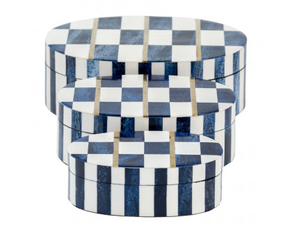 Sagebrook - 6"/7"/9" Resin Checkered Pattern Oval Boxes (Set Of 3) in White/Blue