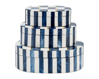 Sagebrook - 6"/7"/9" Resin Checkered Pattern Oval Boxes (Set Of 3) in White/Blue