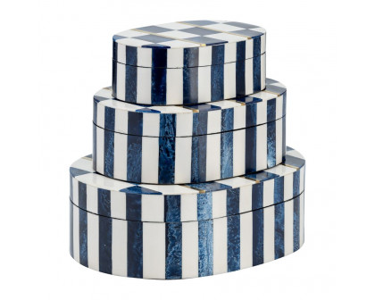 Sagebrook - 6"/7"/9" Resin Checkered Pattern Oval Boxes (Set Of 3) in White/Blue