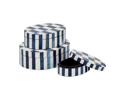 Sagebrook - 6"/7"/9" Resin Checkered Pattern Oval Boxes (Set Of 3) in White/Blue