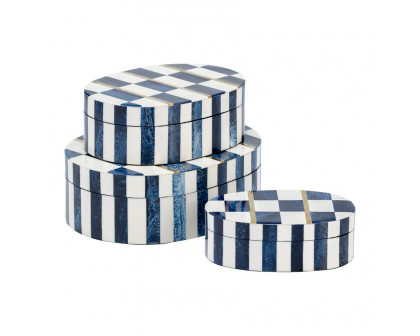 Sagebrook - 6"/7"/9" Resin Checkered Pattern Oval Boxes (Set Of 3) in White/Blue