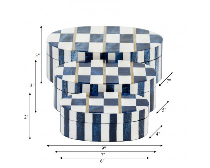 Sagebrook - 6"/7"/9" Resin Checkered Pattern Oval Boxes (Set Of 3) in White/Blue