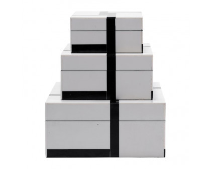 Sagebrook - 6"/7"/9" Resin Bold Lines Design Rec Boxes (Set Of 3) in Black/White