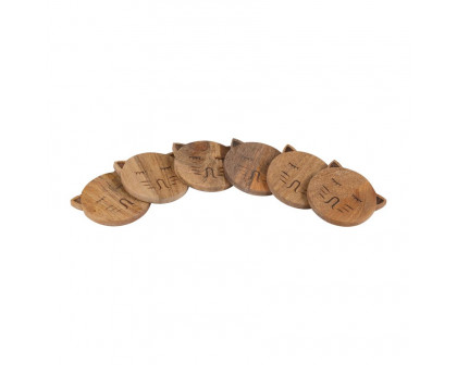 Sagebrook Wood Cat Face Coasters With Stand (Set Of 6) - Natural