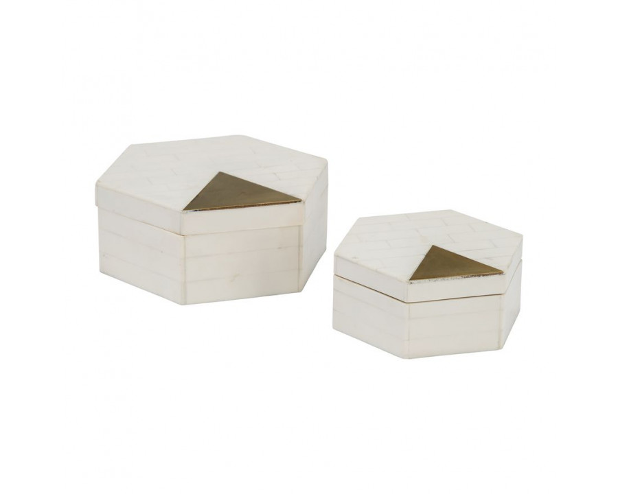 Sagebrook - 5"/7" Resin Hexagon Boxes With Brass Inlay (Set Of 2) in White/Gold