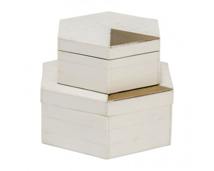 Sagebrook - 5"/7" Resin Hexagon Boxes With Brass Inlay (Set Of 2) in White/Gold