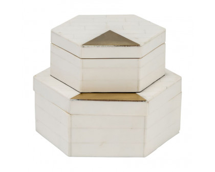 Sagebrook - 5"/7" Resin Hexagon Boxes With Brass Inlay (Set Of 2) in White/Gold