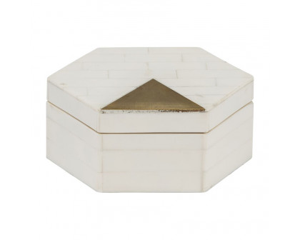 Sagebrook - 5"/7" Resin Hexagon Boxes With Brass Inlay (Set Of 2) in White/Gold