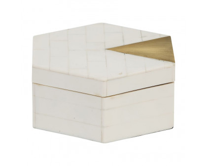 Sagebrook - 5"/7" Resin Hexagon Boxes With Brass Inlay (Set Of 2) in White/Gold