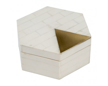 Sagebrook - 5"/7" Resin Hexagon Boxes With Brass Inlay (Set Of 2) in White/Gold