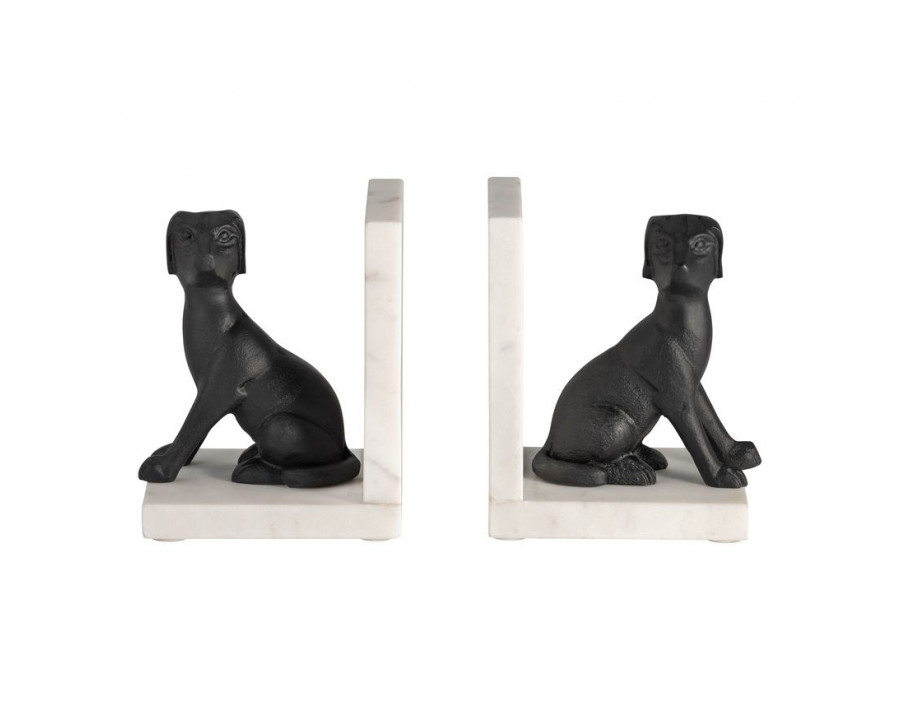 Sagebrook - 4" Metal/Marble Sitting Dog Bookends (Set Of 2) in Black/White