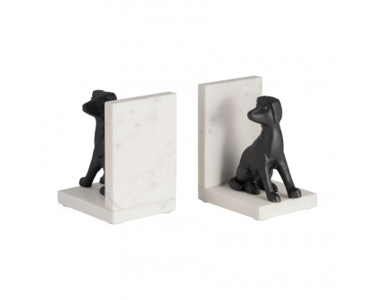 Sagebrook - 4" Metal/Marble Sitting Dog Bookends (Set Of 2) in Black/White