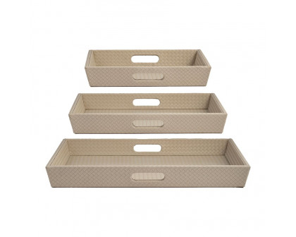 Sagebrook 16"/20"/24" Leather/Wood Diamondweave Trays (Set Of 3) - Tan