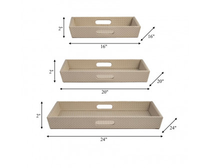 Sagebrook 16"/20"/24" Leather/Wood Diamondweave Trays (Set Of 3) - Tan