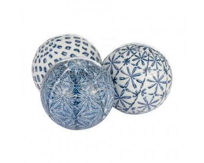 Sagebrook 4" Ceramic Boxed 3/a Painted Orbs - Blue/White