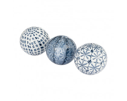 Sagebrook 4" Ceramic Boxed 3/a Painted Orbs - Blue/White