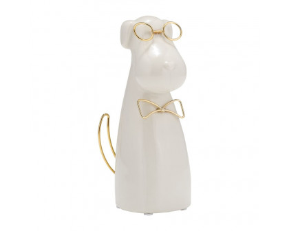 Sagebrook Ceramic 7"h - Puppy With Gold Glasses And Bowtie - White