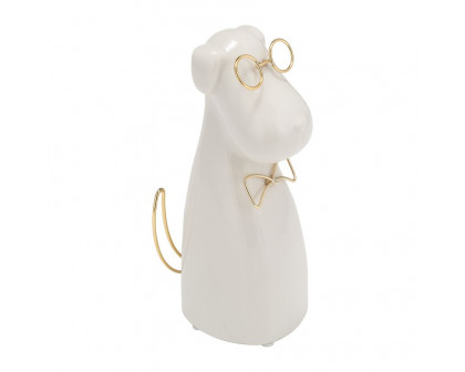 Sagebrook Ceramic 7"h - Puppy With Gold Glasses And Bowtie - White