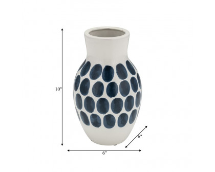 Sagebrook 10" Ceramic Navy Polk-a-dot Flower Vase - White