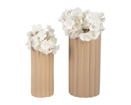 Sagebrook 10"/13" Ceramic Ribbed Vases (Set Of 2) - Irish Cream