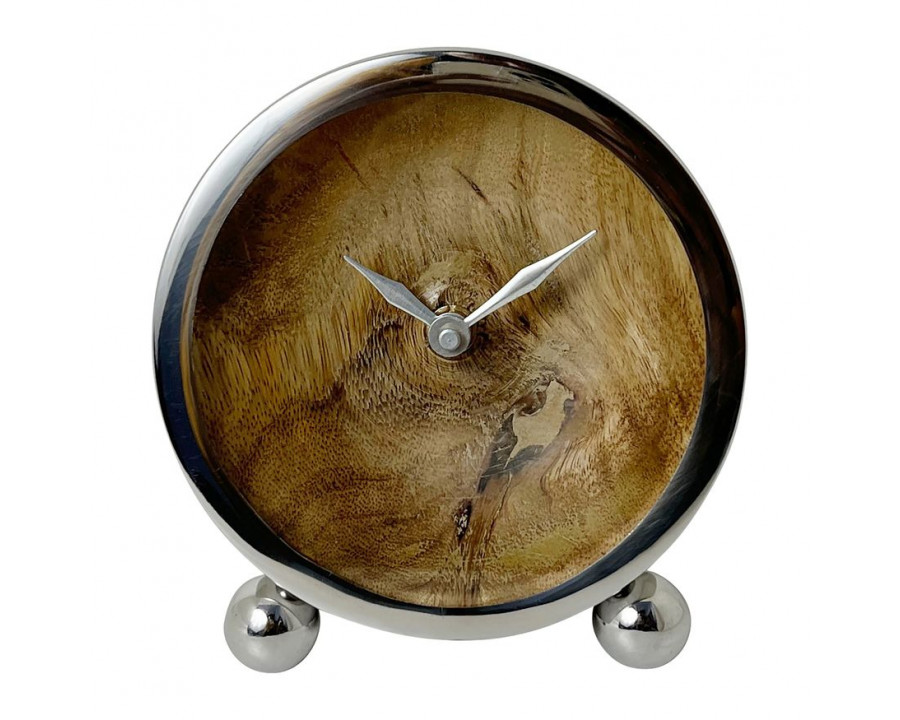 Sagebrook - 5" Metal Round Wood Face Table Clock in Silver