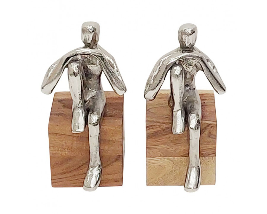 Sagebrook - 7" Metal Thinking Man Bookend Wood Base (Set Of 2) in Silver