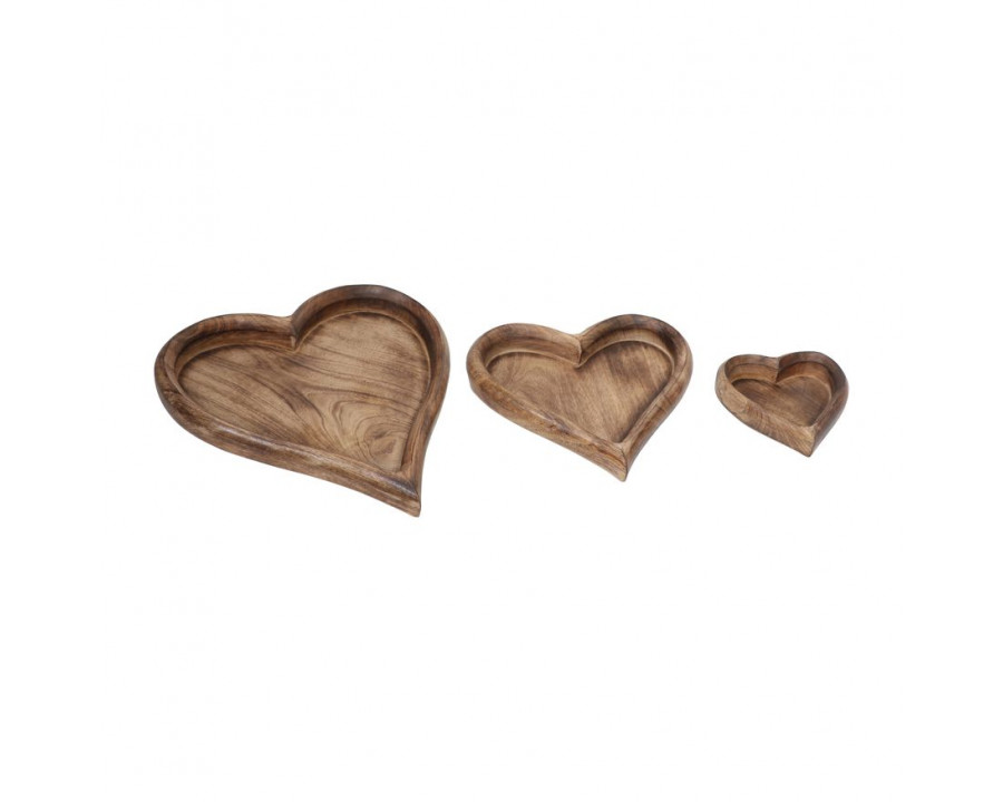 Sagebrook 7"/11"/14" Wood Heart Trays (Set Of 3) - Dark Brown