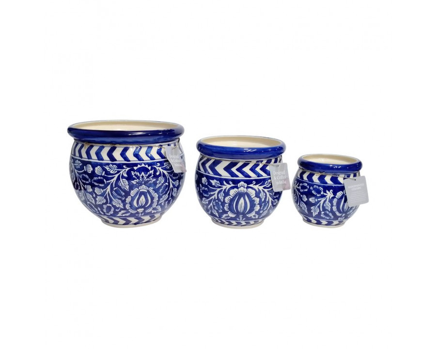 Sagebrook 6"/9"/11" Vines Talavera Ceramic Planters (Set Of 3) - Blue/White