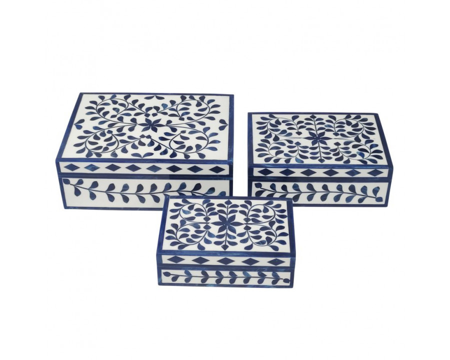 Sagebrook - 6"/7"/9" Resin Blue Petals Boxes (Set Of 3) in White/Blue