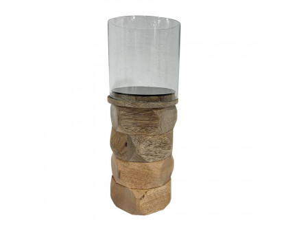 Sagebrook 8" Wood Stacked Hexagon Pillar Hurricane