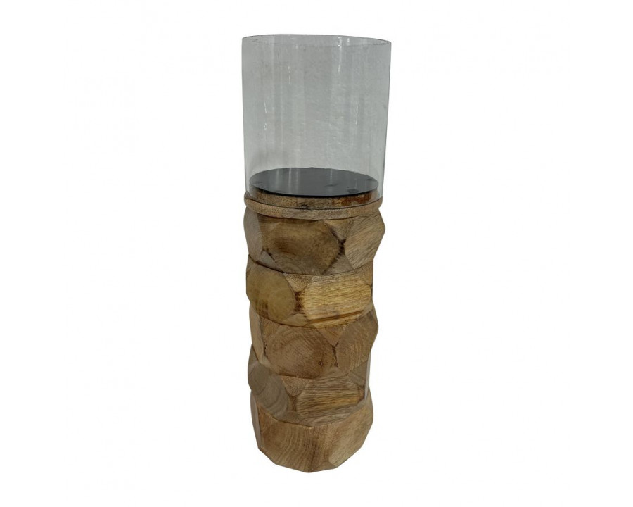 Sagebrook 12" Wood Stacked Hexagon Pillar Hurricane - Natural