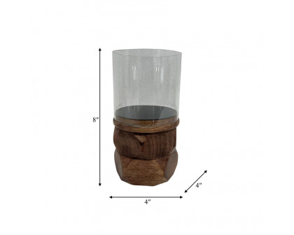 Sagebrook 8" Wood Stacked Hexagon Pillar Hurricane - Brown