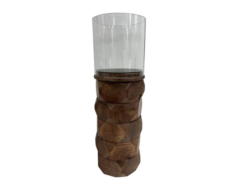 Sagebrook 12" Wood Stacked Hexagon Pillar Hurricane - Brown